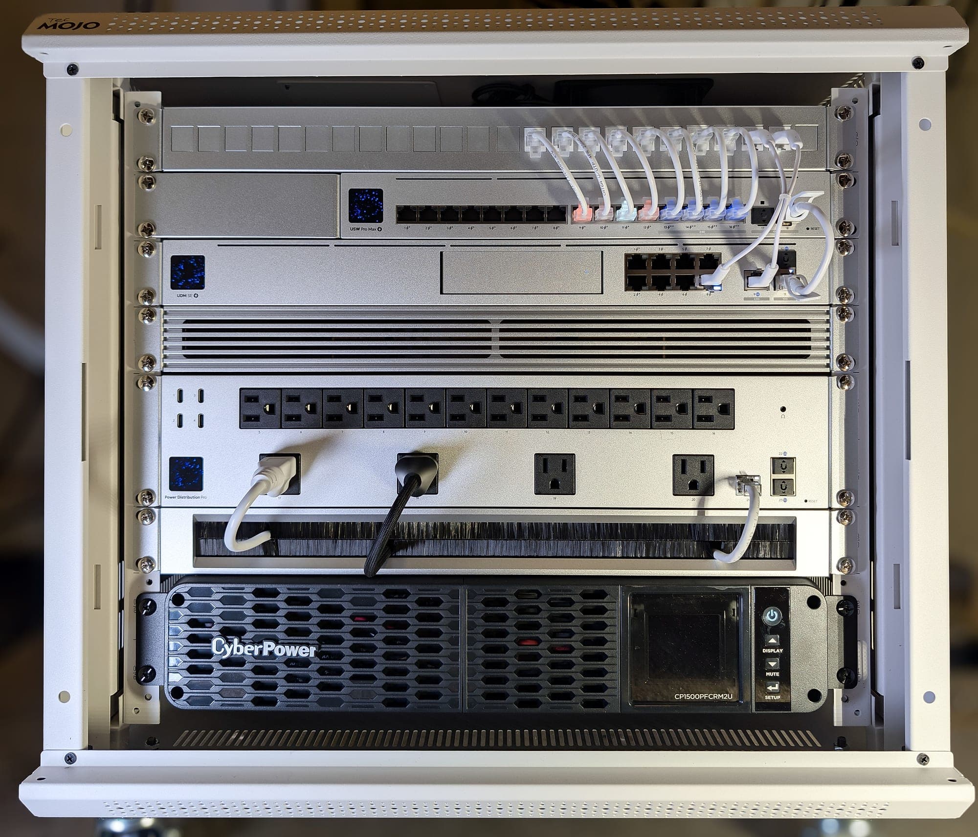 Full view of the commissioned rack enclosure with dressed white patch leads