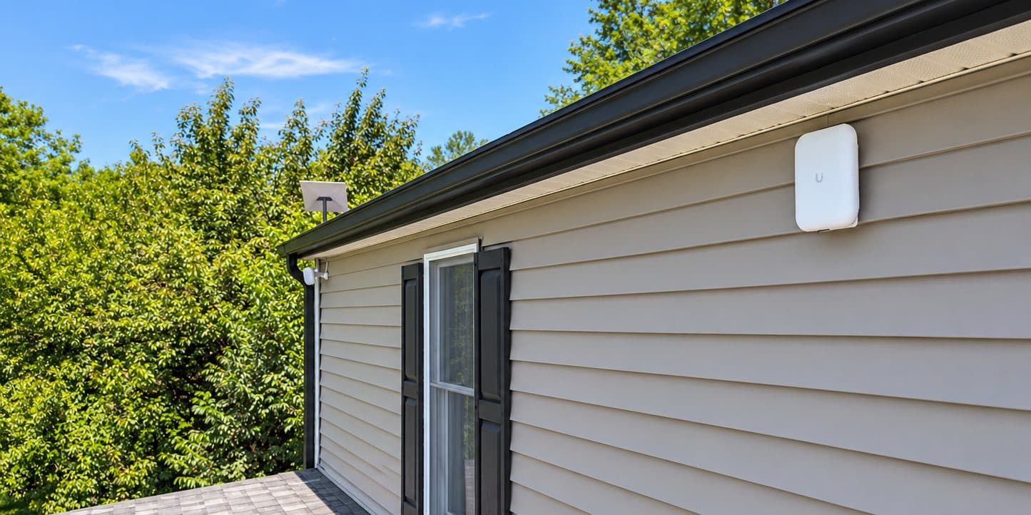 Main-house roofline — UniFi U7 Pro Outdoor access point on the siding, with the Starlink dish on its mast and a U7 Outdoor beneath the far eave