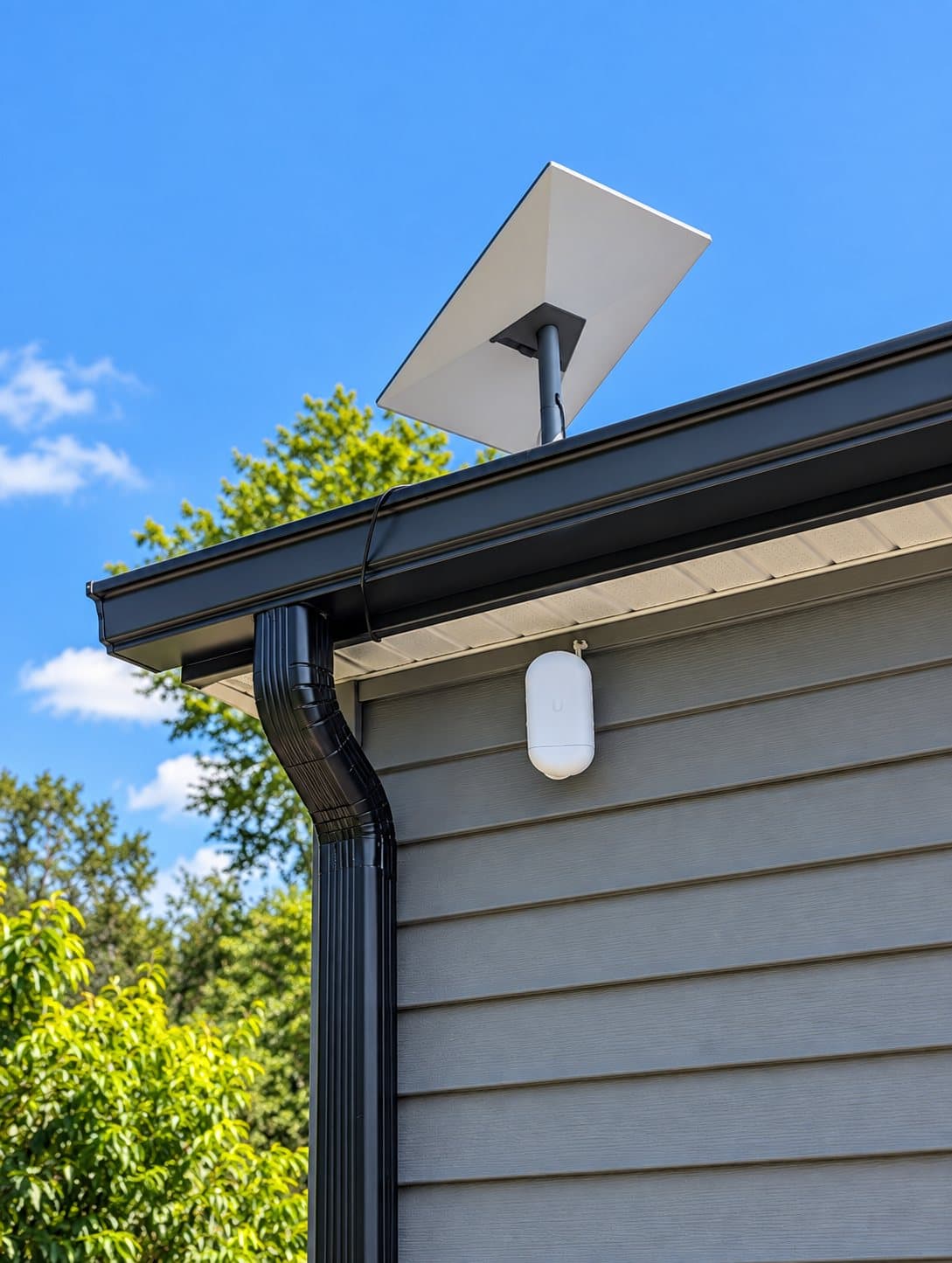 Starlink dish on a mast at the main-house roof edge, with a UniFi U7 Outdoor access point mounted beneath the eave