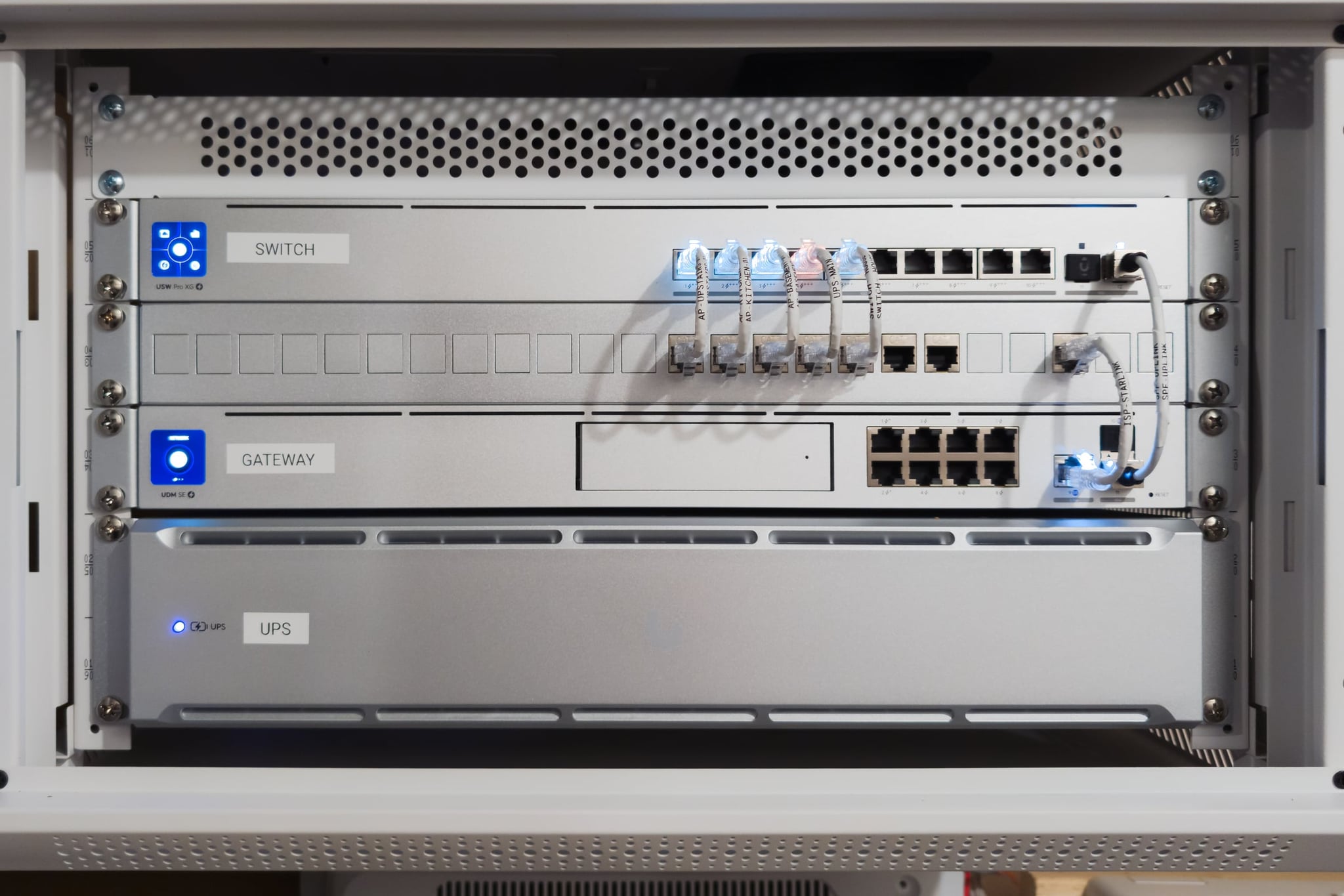 Front of a wall-mounted network cabinet: a switch, a patch panel with short labeled patch cables, a gateway, and a battery unit, the switch, gateway, and battery each marked with a printed label