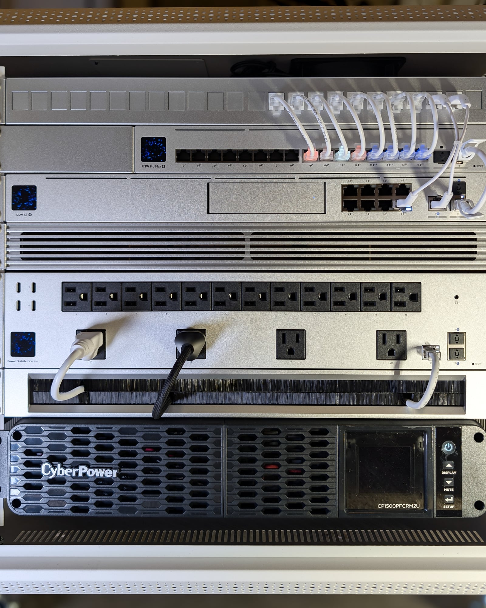 Commissioned UniFi rack — patch panel, PoE switching, gateway, power distribution, and UPS — where hardwired camera runs terminate