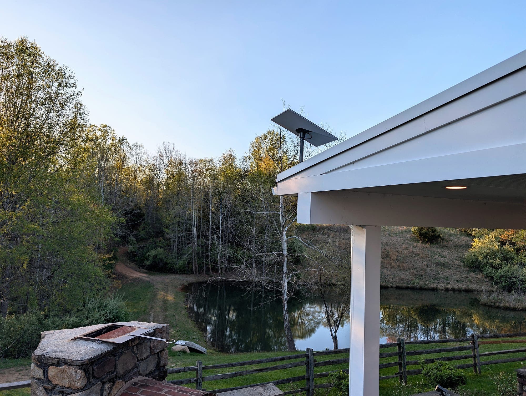 Pavilion with U7 Pro Outdoor and Starlink dish, Virginia hunt-country grounds behind