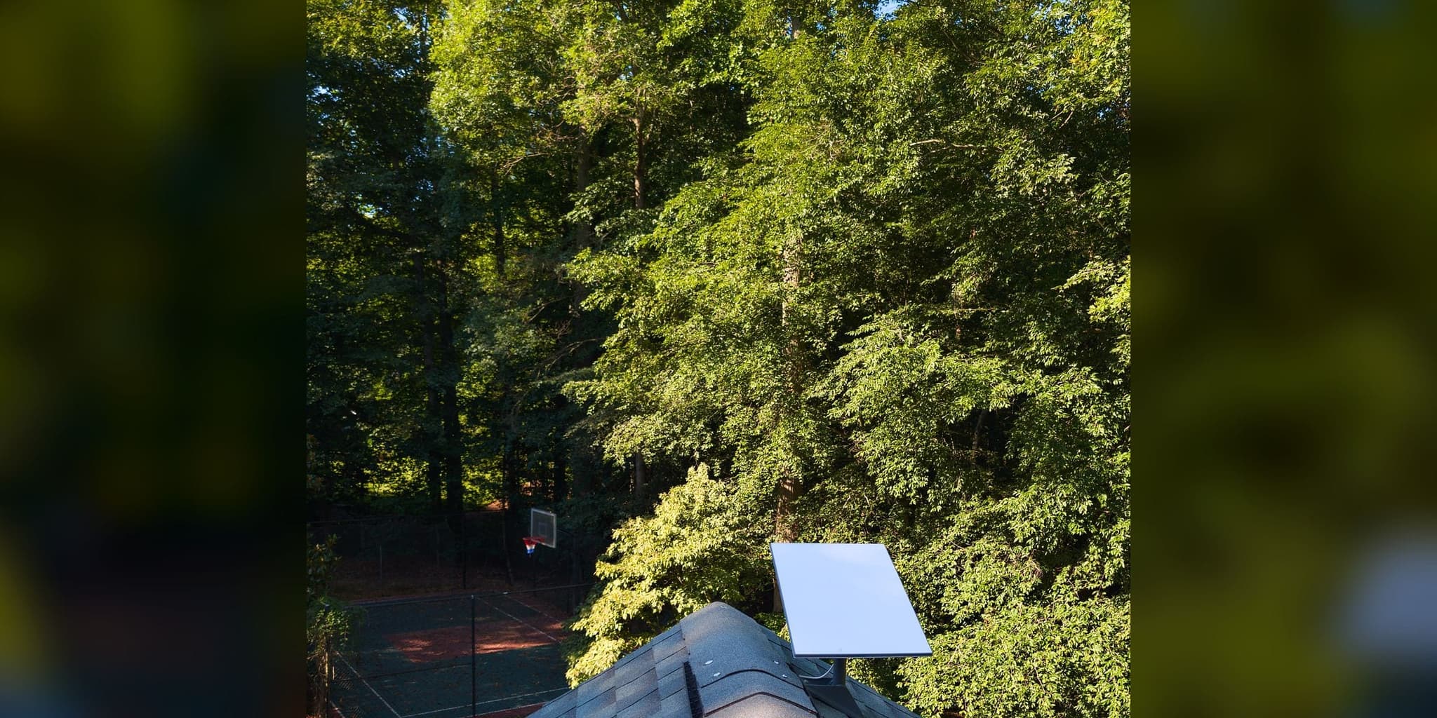 Starlink dish roof-mounted above mature tree canopy on a wooded rural property (representative photo)