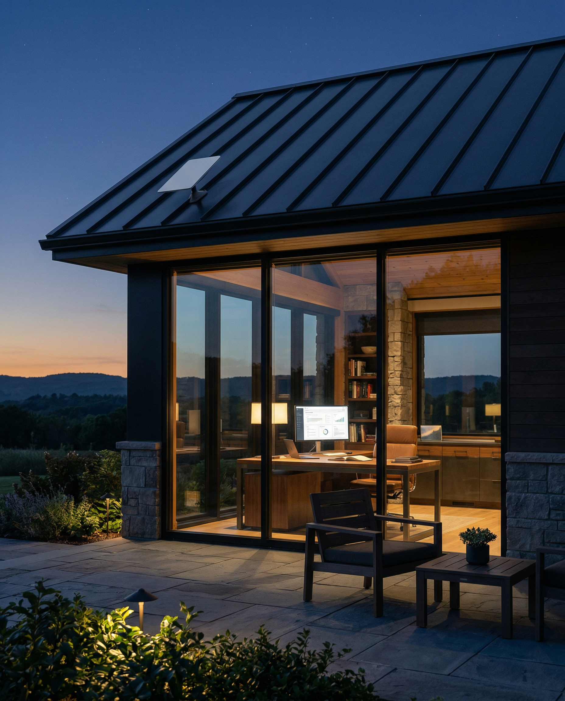 Modern glass corner office at twilight with Starlink Gen 3 dish on roof — executive failover infrastructure