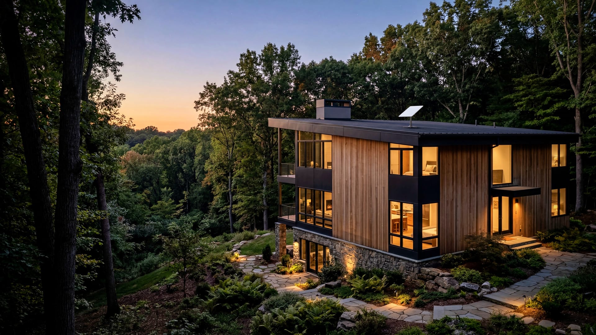 Starlink installation on elevated contemporary estate in Loudoun County Virginia wooded hillside at twilight