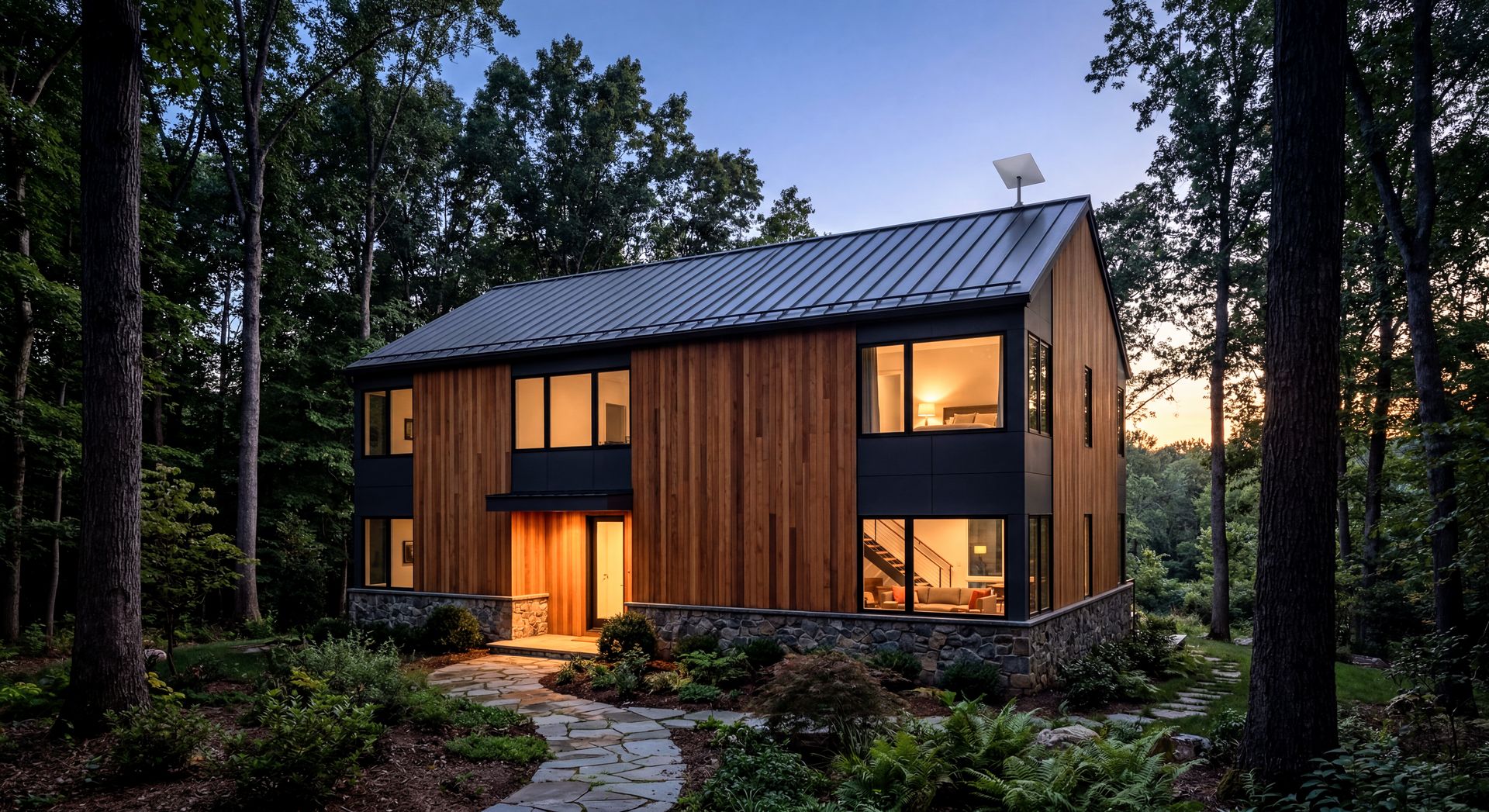 Professional Starlink installation on contemporary Reston Virginia home surrounded by mature trees